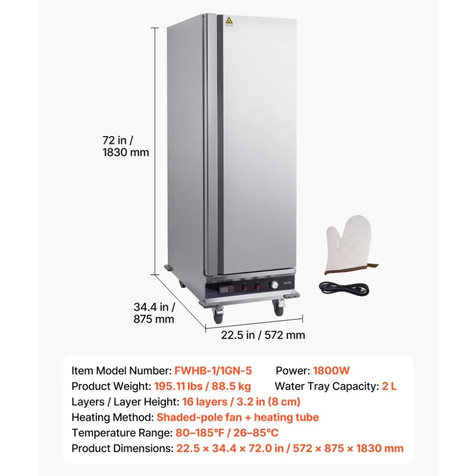 VEVOR Electric Hot Box Food Warmer, 16-Tier Commercial Warming Cabinet with Water Tray, Single-Door and Adjustable Shelves, Stainless Steel Food Warmer Cabinet, for Restaurant, Kitchen, Pizza, Chicken