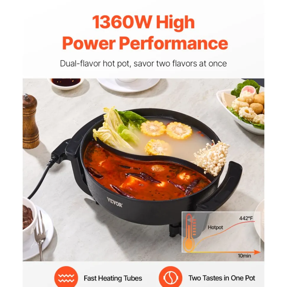 VEVOR Electric Hot Pot, 1360W 5 L Double-flavor Shabu Shabu Pot, Non-Stick Electric Cooker with Divider, Clear Glass Lid, Temperature control, Chinese Hotpot for 6-10 People Family Dinning & Party
