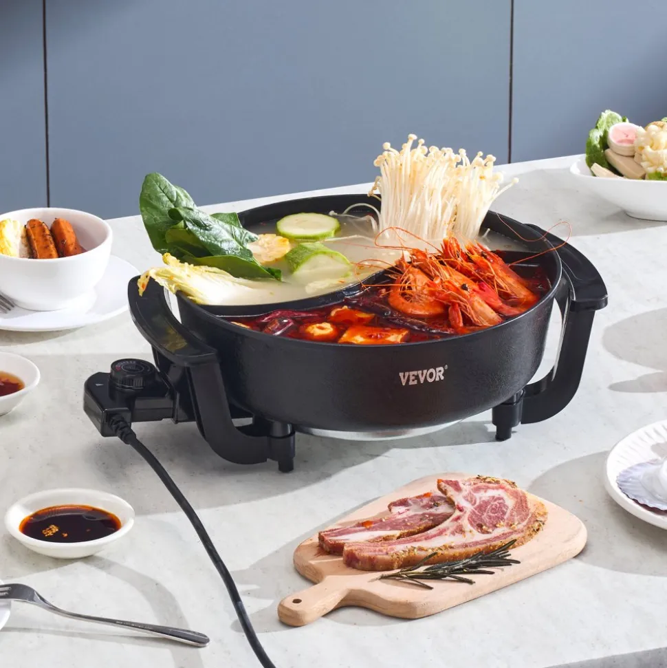 VEVOR Electric Hot Pot, 1360W 5 L Double-flavor Shabu Shabu Pot, Non-Stick Electric Cooker with Divider, Clear Glass Lid, Temperature control, Chinese Hotpot for 6-10 People Family Dinning & Party