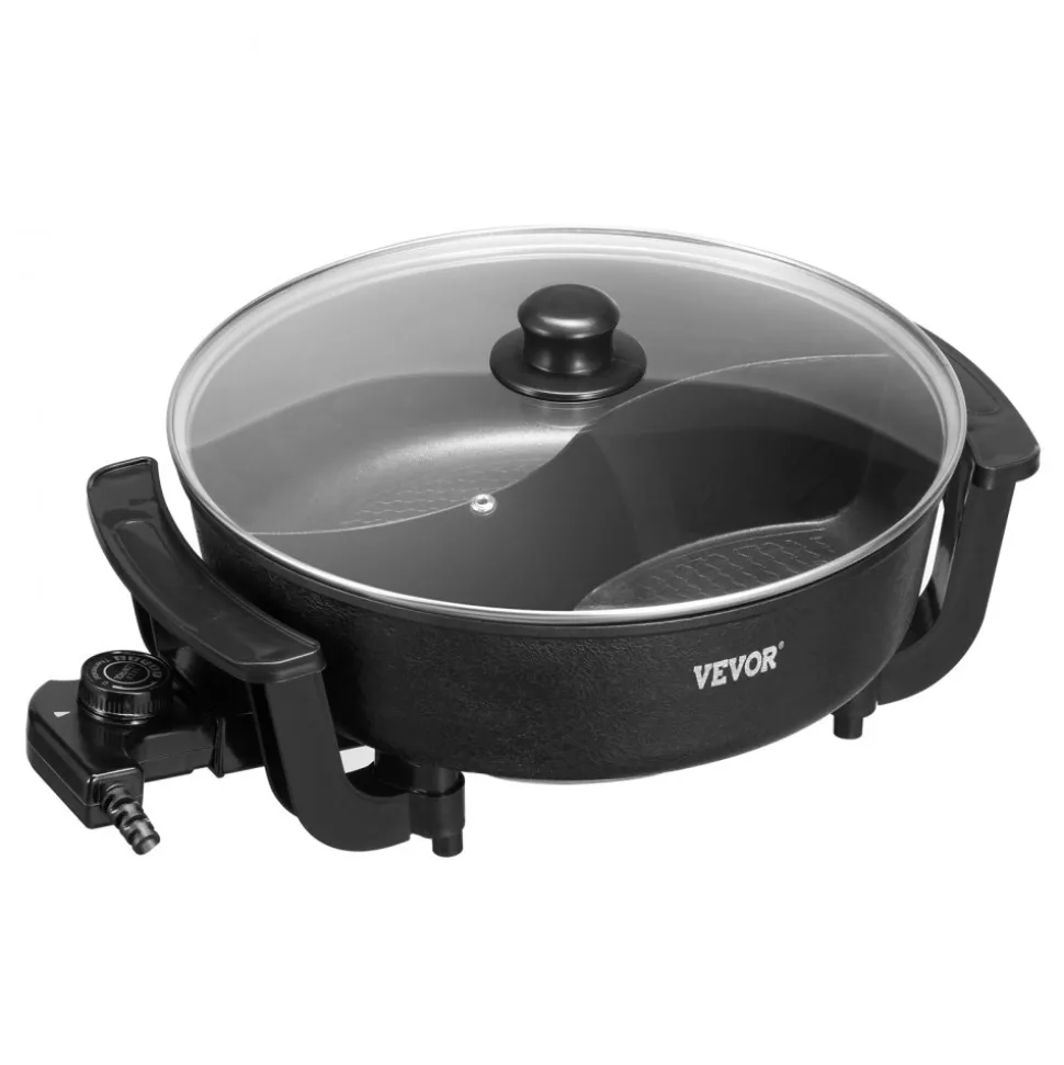 VEVOR Electric Hot Pot, 1360W 5 L Double-flavor Shabu Shabu Pot, Non-Stick Electric Cooker with Divider, Clear Glass Lid, Temperature control, Chinese Hotpot for 6-10 People Family Dinning & Party