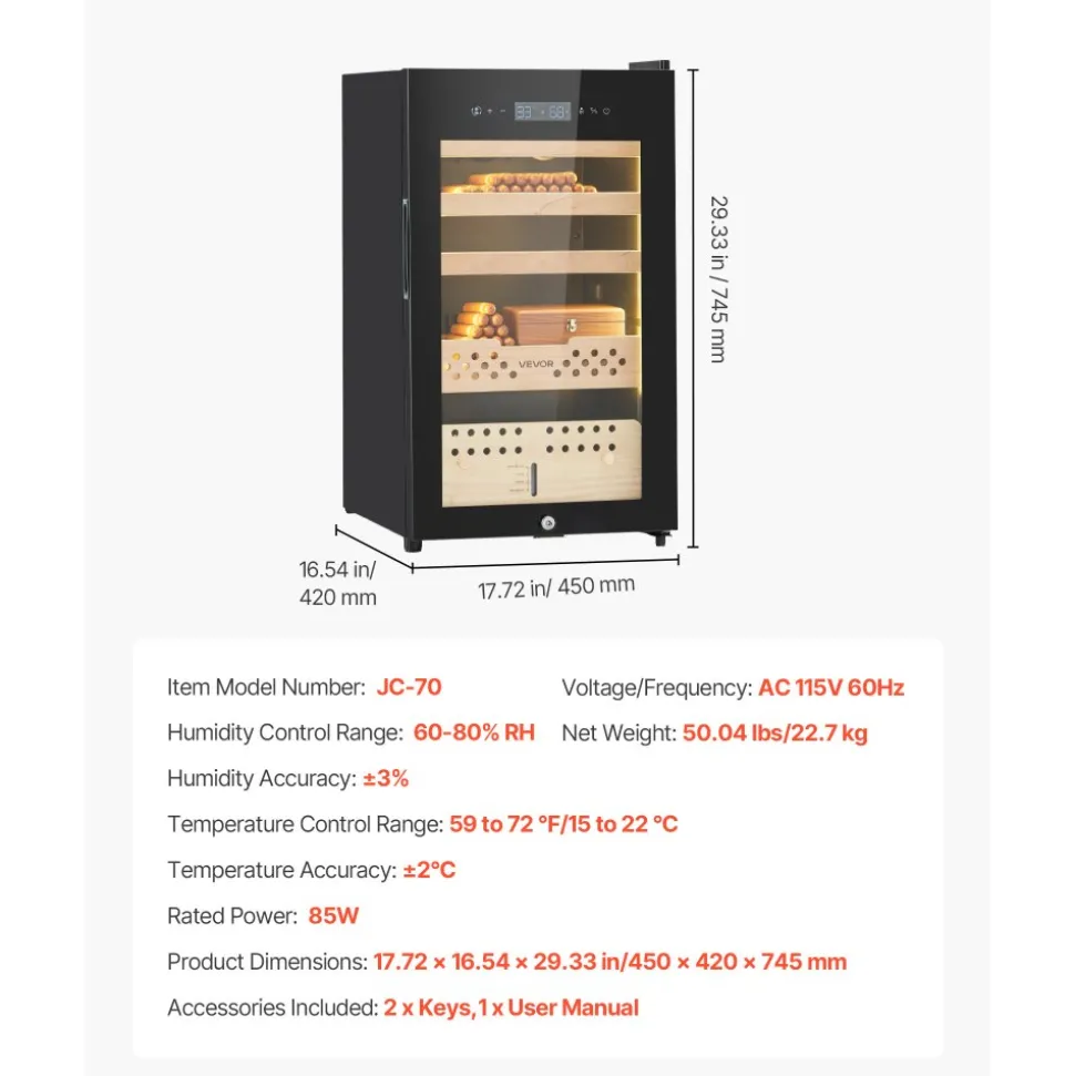 VEVOR Electric Humidor, 70L, 400 Counts Electric Cigar Humidor Cabinet with Compressor Cooling, Constant Humidity & Temperature Control, Spanish Cedar Wood Shelves & Drawers, 4 Layers, for Household