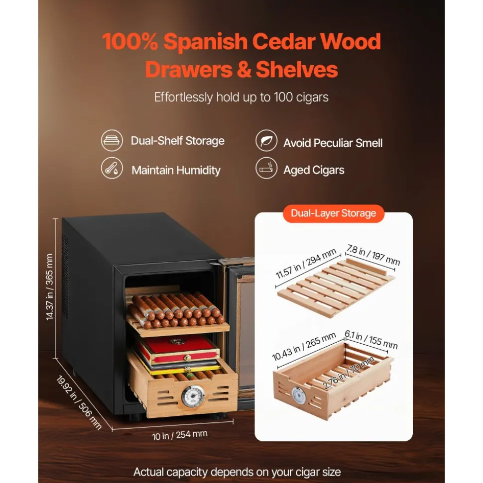 VEVOR Electric Humidor, 288L, 1700 Counts Electric Cigar Humidor Cabinet with Compressor Cooling, Constant Humidity & Temperature Control, Spanish Cedar Wood Shelves & Drawers, 7 Layers, for Household