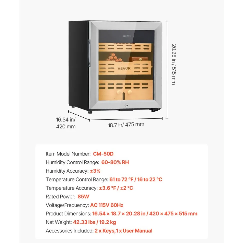 VEVOR Electric Humidor, 50L, 300 Counts Electric Cigar Humidor Cabinet with Compressor Cooling, Constant Humidity & Temperature Control, Spanish Cedar Wood Shelves & Drawers, 2 Layers, for Household