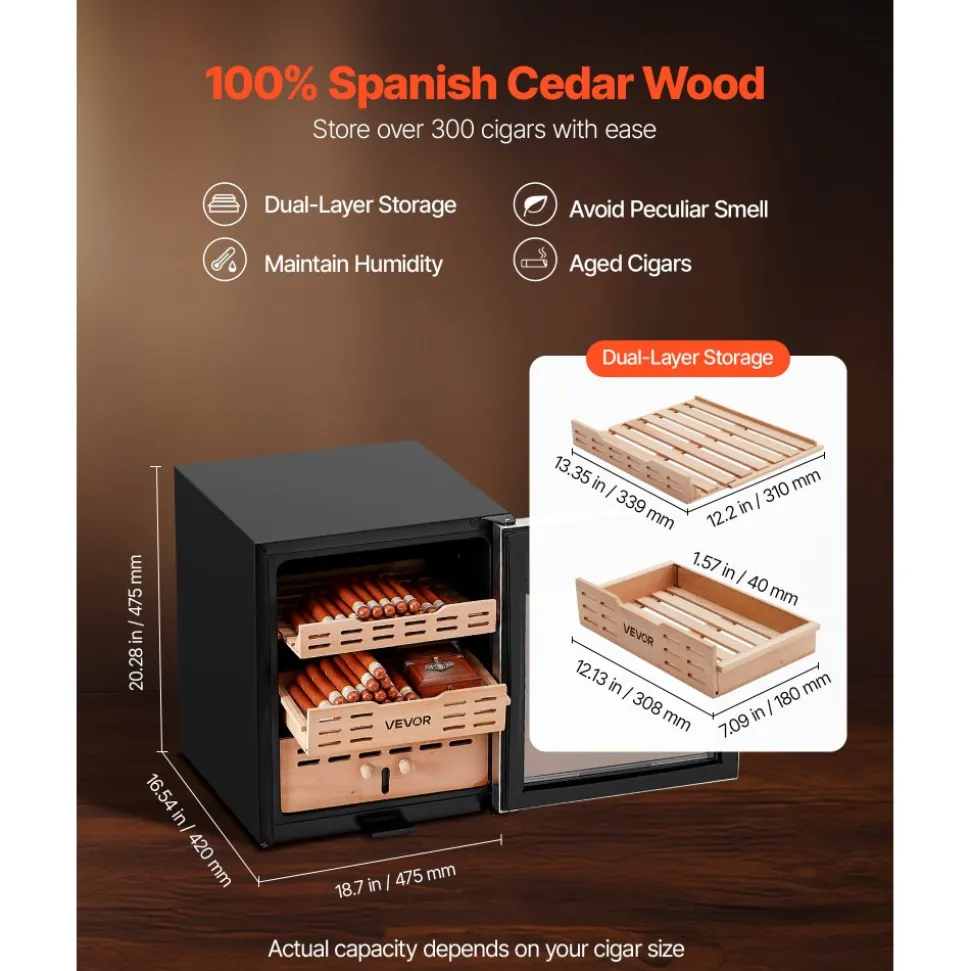 VEVOR Electric Humidor, 50L, 300 Counts Electric Cigar Humidor Cabinet with Compressor Cooling, Constant Humidity & Temperature Control, Spanish Cedar Wood Shelves & Drawers, 2 Layers, for Household