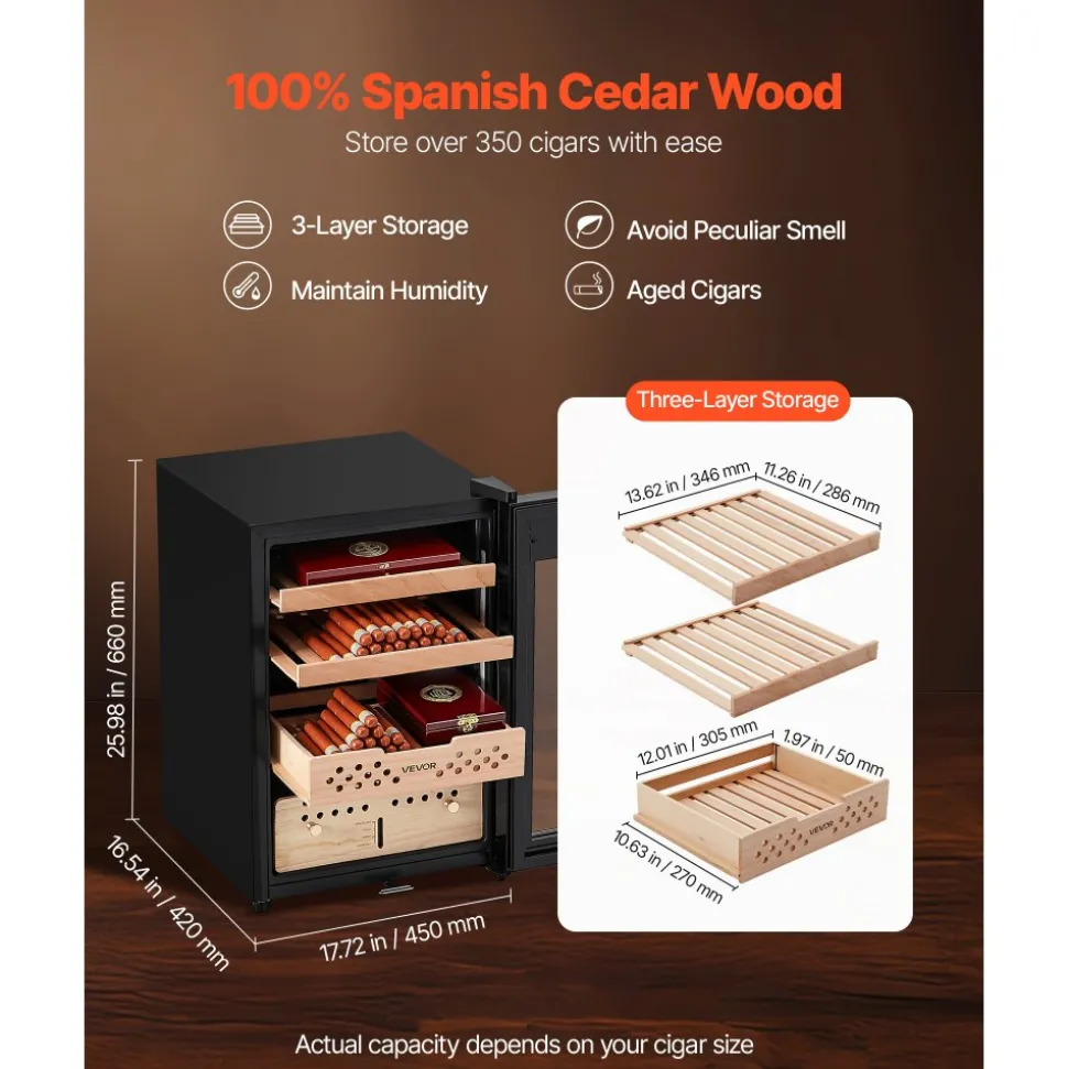 VEVOR Electric Humidor, 60L, 350 Counts Electric Cigar Humidor Cabinet with Compressor Cooling, Constant Humidity & Temperature Control, Spanish Cedar Wood Shelves & Drawers, 3 Layers, for Household