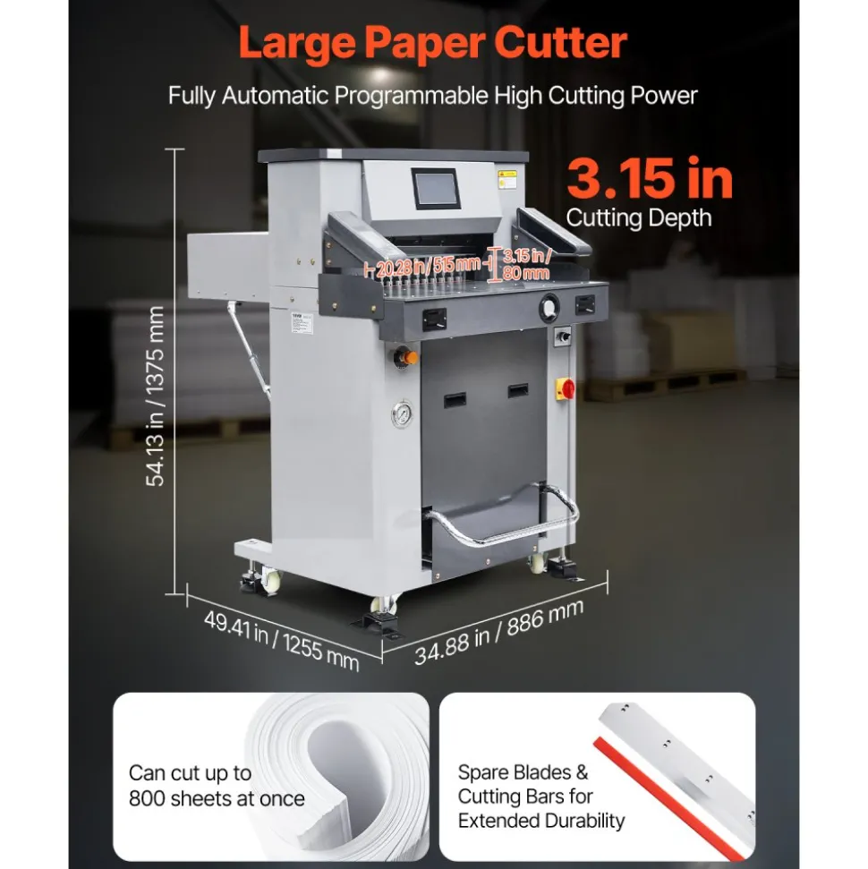 VEVOR Electric Hydraulic Paper Cutter, 2500W Heavy Duty Paper Cutter Machine 20.2 in/515 mm Cutting Width, 3.1 in/80 mm Cutting Thickness, Electric Guillotine Trimmer with Casters & Infrared Function