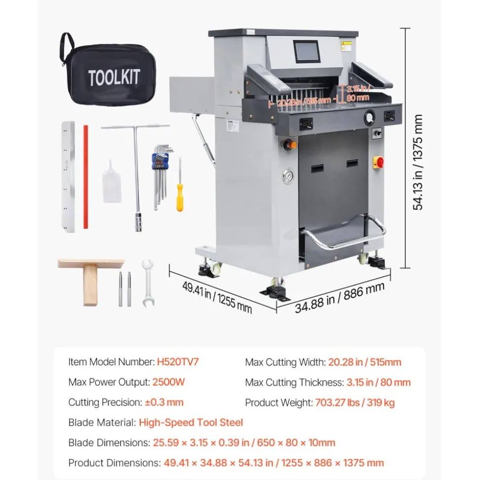 VEVOR Electric Hydraulic Paper Cutter, 2500W Heavy Duty Paper Cutter Machine 20.2 in/515 mm Cutting Width, 3.1 in/80 mm Cutting Thickness, Electric Guillotine Trimmer with Casters & Infrared Function