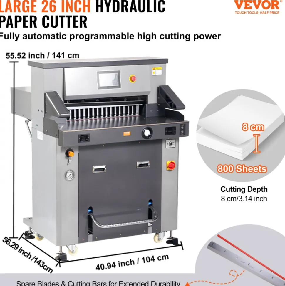 VEVOR Electric Hydraulic Paper Cutter, Heavy Duty Paper Cutter Machine 26" /660.4mm Cutting Width, 3.14"/80mm Cutting Thickness, Electric Paper Trimmer with 7" Touchscreen Numerical Control