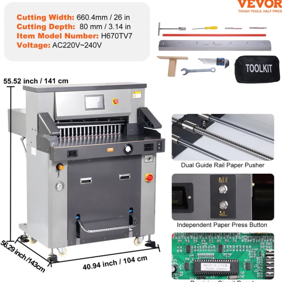 VEVOR Electric Hydraulic Paper Cutter, Heavy Duty Paper Cutter Machine 26" /660.4mm Cutting Width, 3.14"/80mm Cutting Thickness, Electric Paper Trimmer with 7" Touchscreen Numerical Control