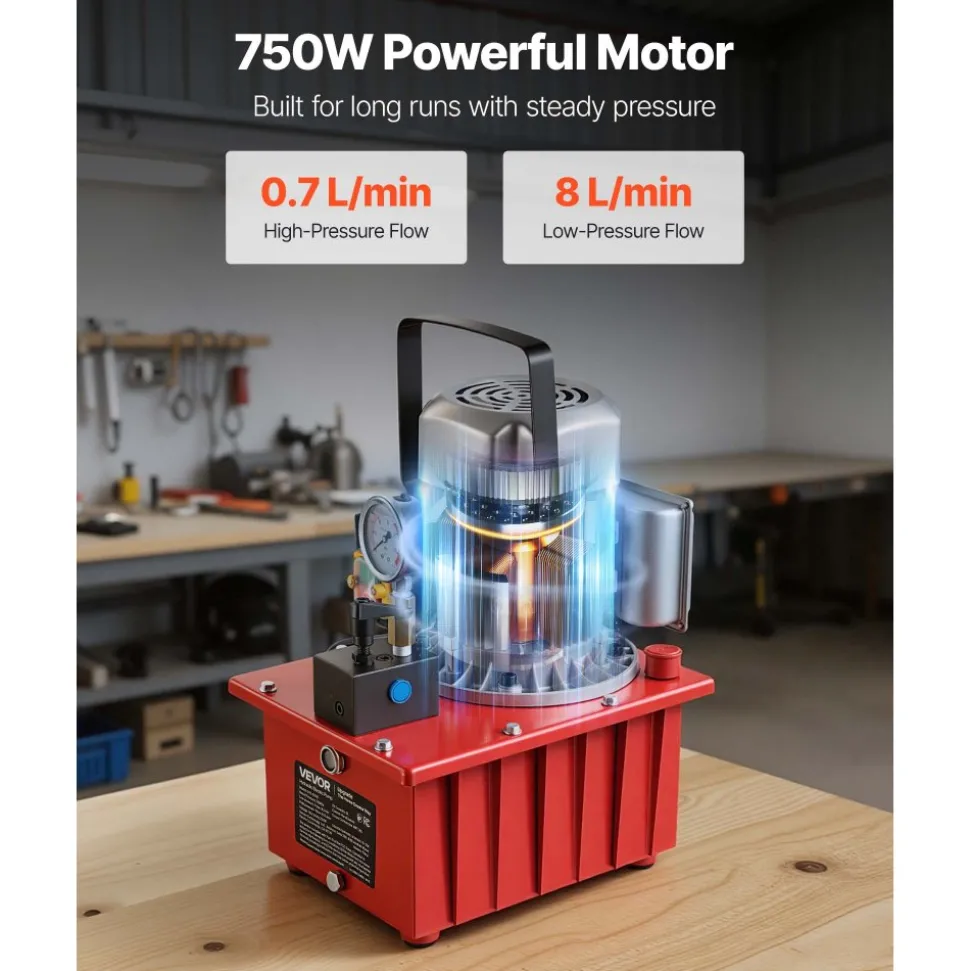 VEVOR Electric Hydraulic Pump, 750W 10,000 PSI, 120V Single Acting Electric Driven Hydraulic Pump Power Pack Unit, with Manual Valve, 2.1 Gallon / 8L, for Punching, Bending, Single Acting Cylinders