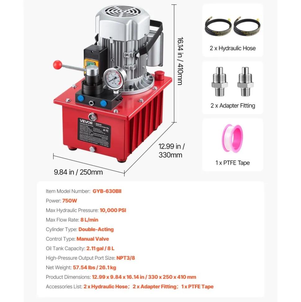VEVOR Electric Hydraulic Pump, 750W 10,000 PSI, 120V Single Acting Electric Driven Hydraulic Pump Power Pack Unit, with Solenoid Valve, 0.53 Gallon / 2L, for Punching, Bending, Single Acting Cylinders