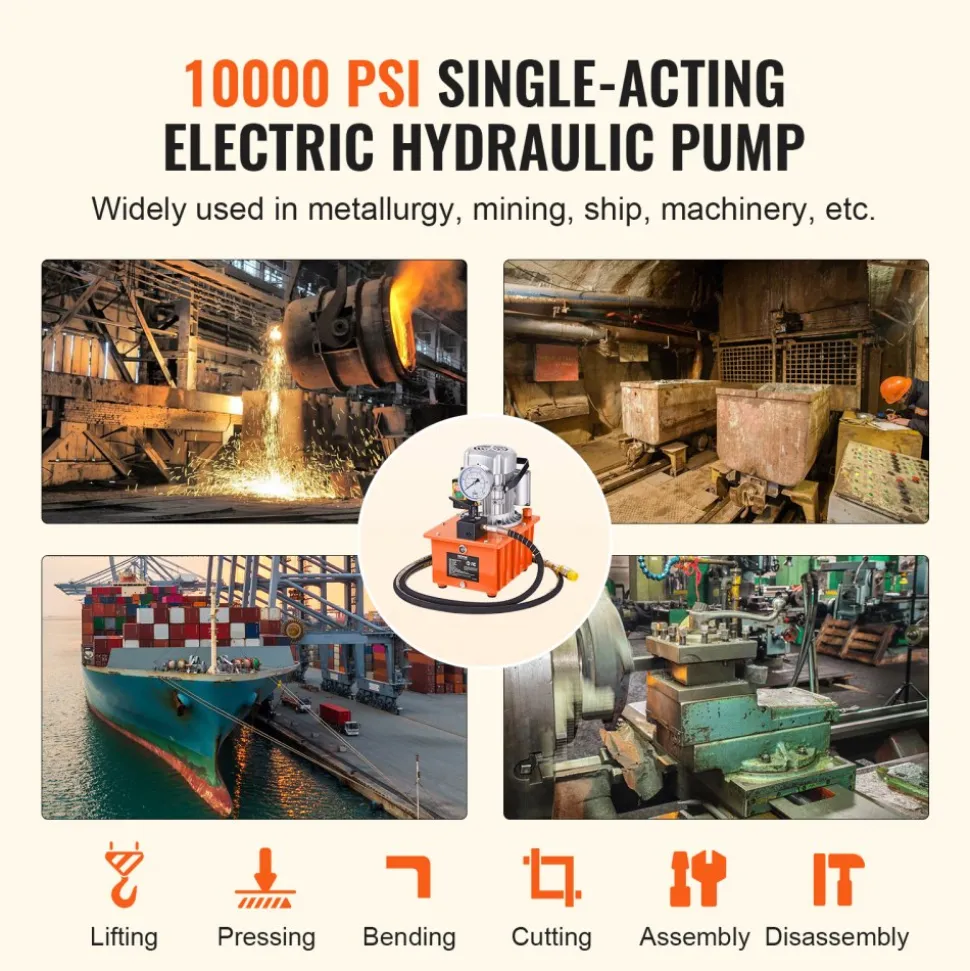 VEVOR Electric Hydraulic Pump, 10000 PSI 750W 110V, 488 in³/8L Capacity, Single Acting Manual Valve, Electric Driven Hydraulic Pump Power Pack Unit with Lever Switch for Punching/Bending/Jack Machines