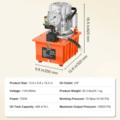 VEVOR Electric Hydraulic Pump, 10000 PSI 750W 110V, 488 in³/8L Capacity, Single Acting Manual Valve, Electric Driven Hydraulic Pump Power Pack Unit with Lever Switch for Punching/Bending/Jack Machines