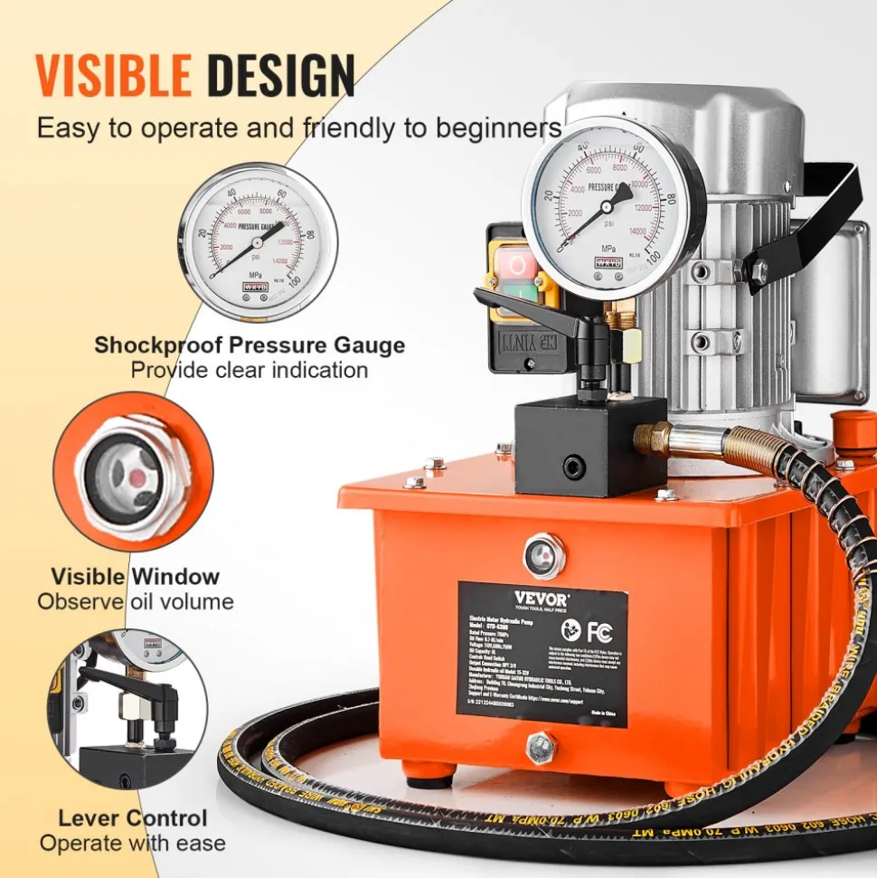 VEVOR Electric Hydraulic Pump, 10000 PSI 750W 110V, 488 in³/8L Capacity, Single Acting Manual Valve, Electric Driven Hydraulic Pump Power Pack Unit with Lever Switch for Punching/Bending/Jack Machines