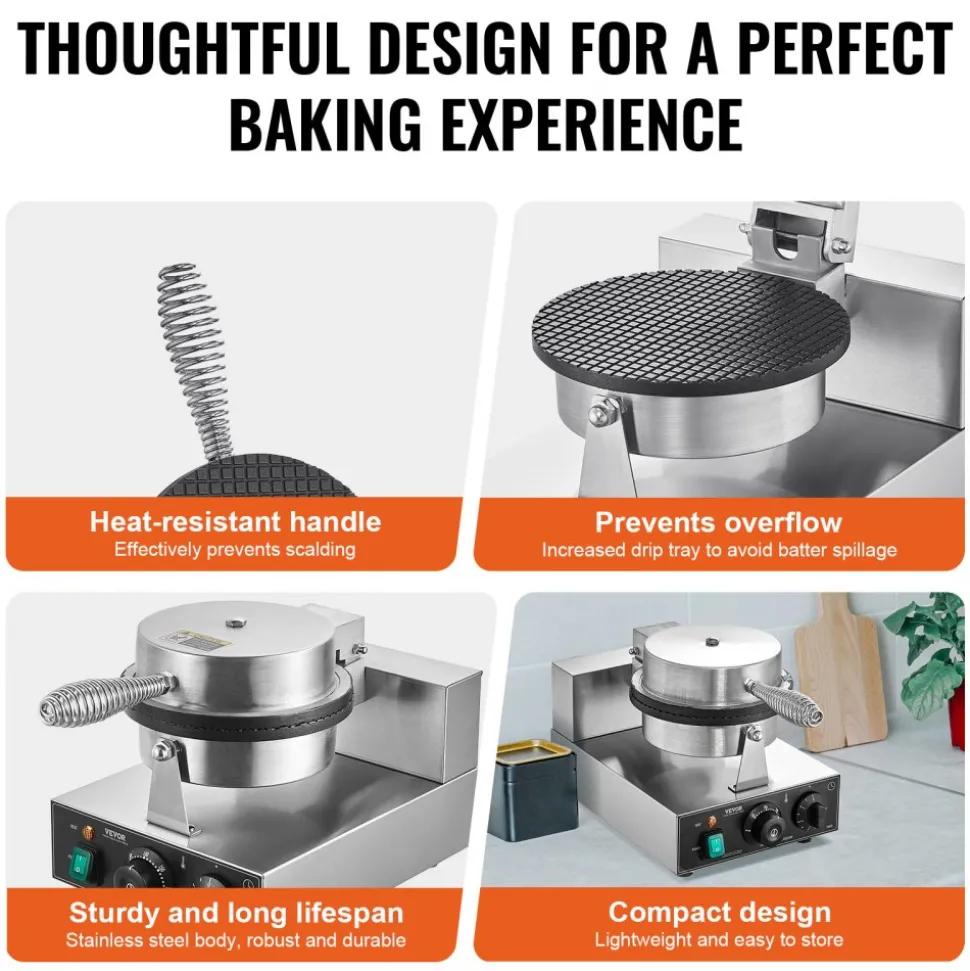 VEVOR Electric Ice Cream Cone Maker, Commercial 1230W Waffle Cone Machine, Non-Stick Stainless Steel Egg Roll Mold, with Temperature and Time Control, Handle, for Restaurant Bakery Snack Bar Family