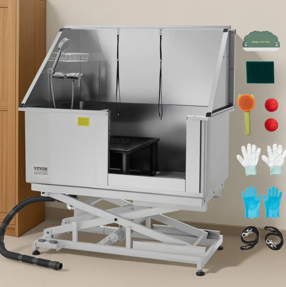 VEVOR Electric Lift Dog Washing Station, 50Inch Professional Stainless Steel Pet Grooming Tub w/ Non-Slip Drain Board,Faucet & Showerhead for Home & Grooming Shop,Fits Medium & Large Pets (Right Door)