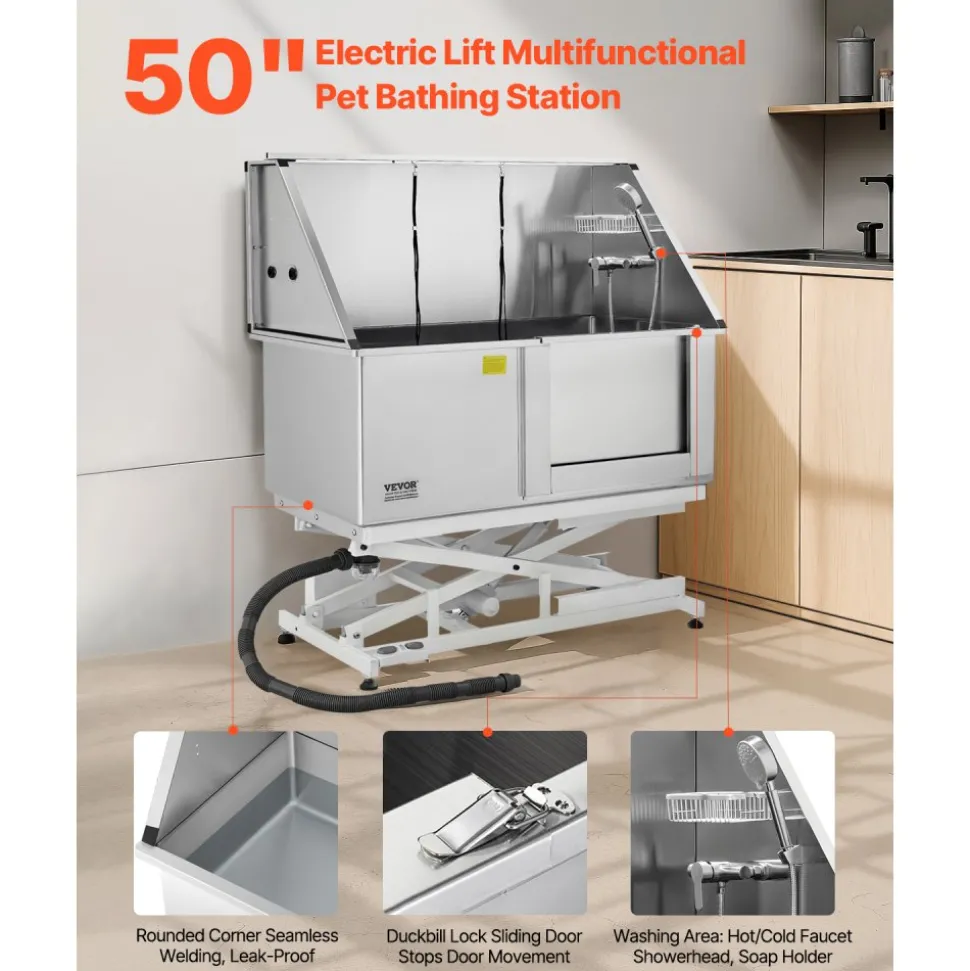 VEVOR Electric Lift Dog Washing Station, 50Inch Professional Stainless Steel Pet Grooming Tub w/ Non-Slip Drain Board,Faucet & Showerhead for Home & Grooming Shop,Fits Medium & Large Pets (Right Door)