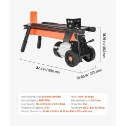 VEVOR Electric Log Splitter, 6.5 Tons Electric Wood Splitter, 1500W 15 Amp Motor, Portable Firewood Splitting Machine with 6