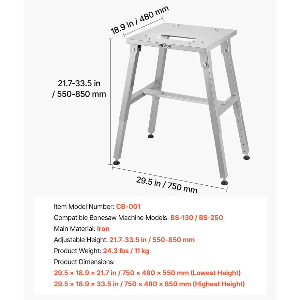 VEVOR Electric Meat Bandsaw Stand, Floor Stand with Adjustable Height, Stable H-Shaped Frame, Anti-Slip Foot Pads, for Our Bone Saw Machine, Compatible with Models BS-130 & BS-250