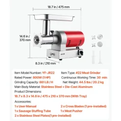 VEVOR Electric Meat Grinder, 661 Lbs/Hour800 W Meat Grinder Machine, 1.5 HP Electric Meat Mincer with 2 Grinding Plates, Sausage Kit Set Meat Grinder Heavy Duty, Home Kitchen & Commercial Use Red