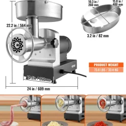 VEVOR Electric Meat Grinder, 992 Lb/H Capacity, 1100W (4600W MAX) Industrial Meat Mincer with 2 Blade, 3 Grinding Plates, Sausage Maker & Kubbe Kit Carbon Steel Commercial Meat Grinder, ETL Listed