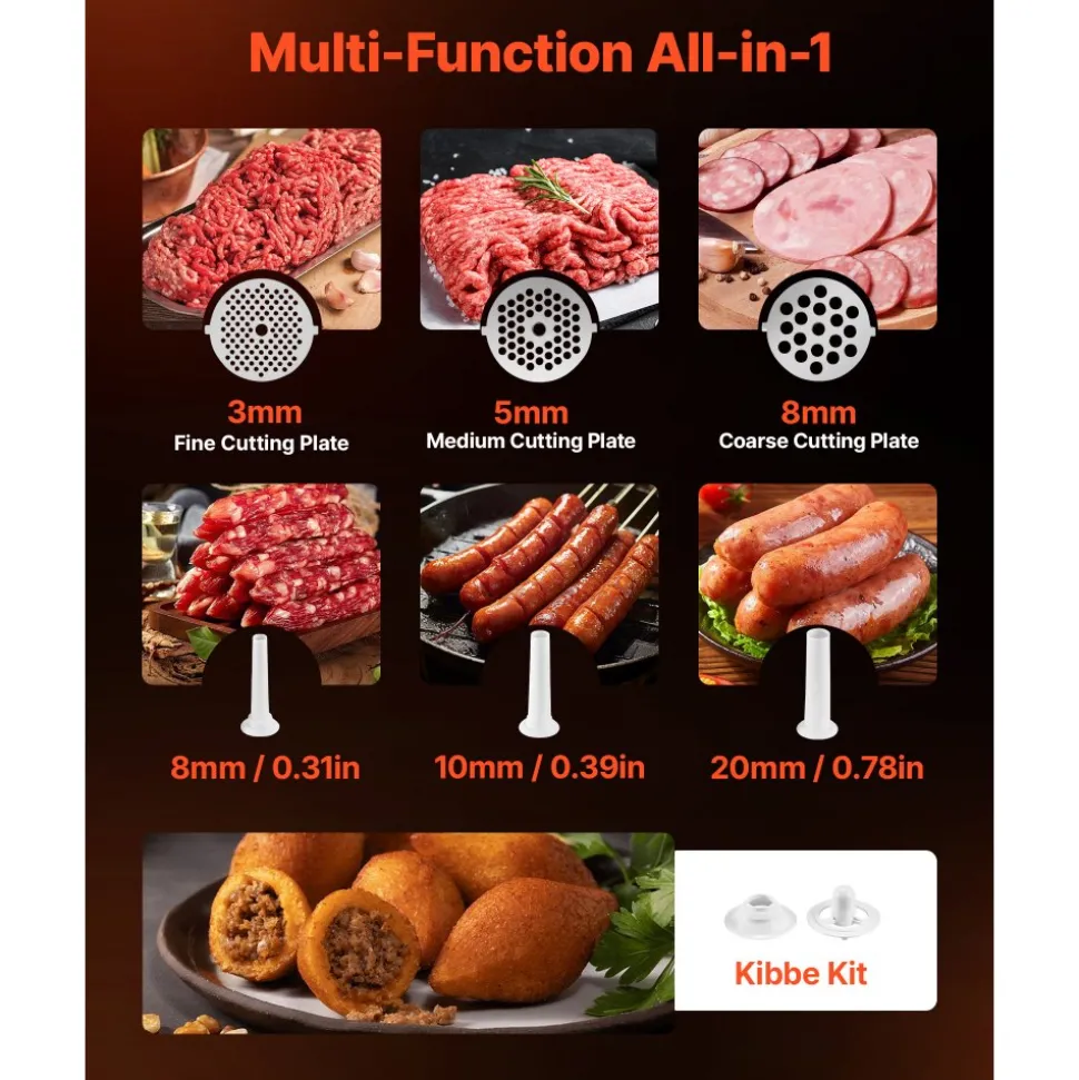 VEVOR Electric Meat Grinder, 5 Lbs/Min Capacity, #8 Meat Mincer with 3 Grinding Plates, 3 Sausage Stuffing Tubes & Kubbe Kit, 700W/0.77HP Sausage Stuffer Maker for Home Kitchens, ETL Listed