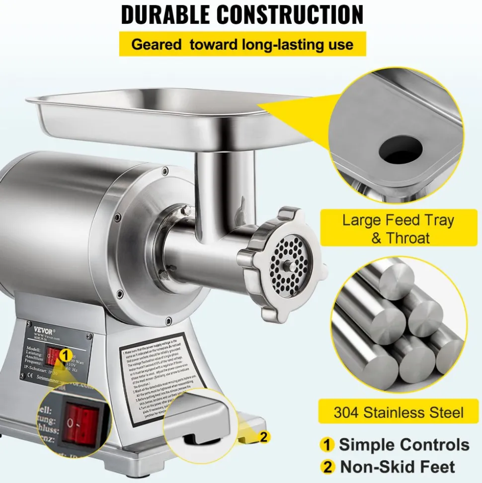 VEVOR Electric Meat Mincer, 1100W 330LBS/H Capacity Meat Grinder Machine, Stainless Steel Meat Grinder Commercial Sausage Stuffer Maker for Home & Commercial Use