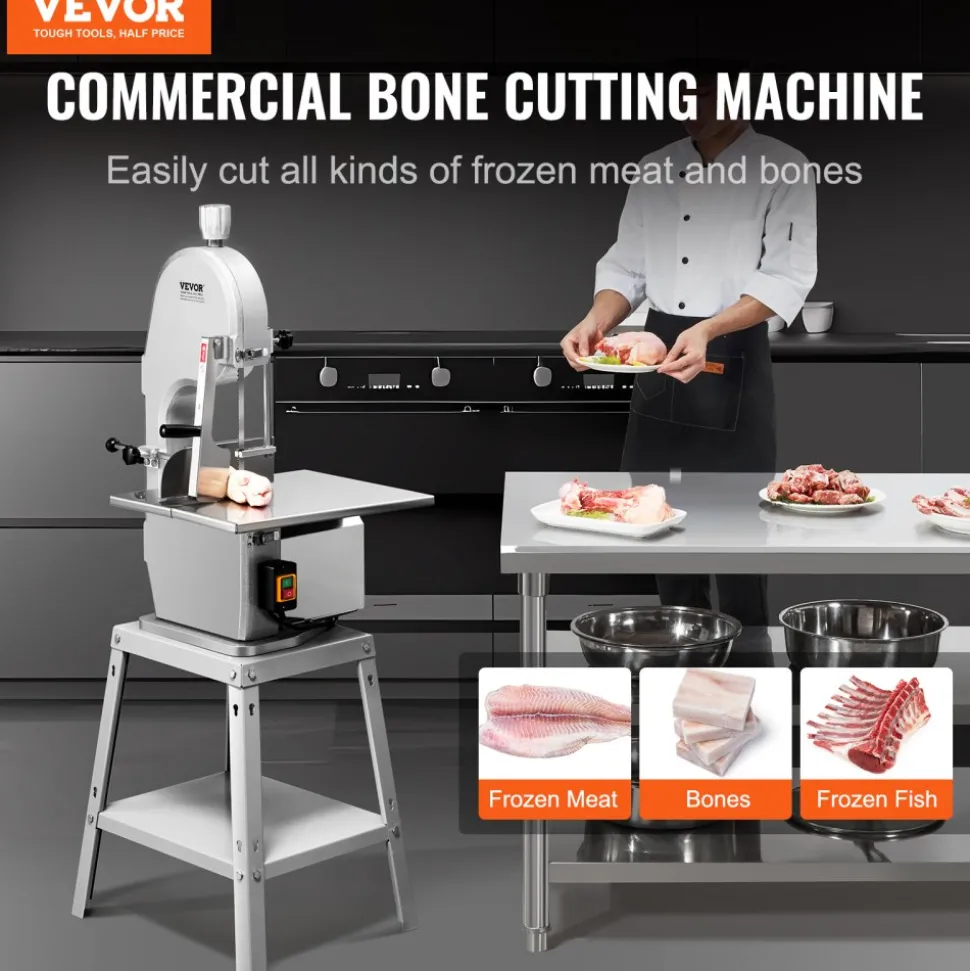 VEVOR Electric Meat Saw, 1800W Stainless Vertical Cutter, 19.1"x15" Workbench, 7.09" Cutting Thickness, Includes 5 Blades for Slicing Frozen Meat, Pork, Beef, and Ribs