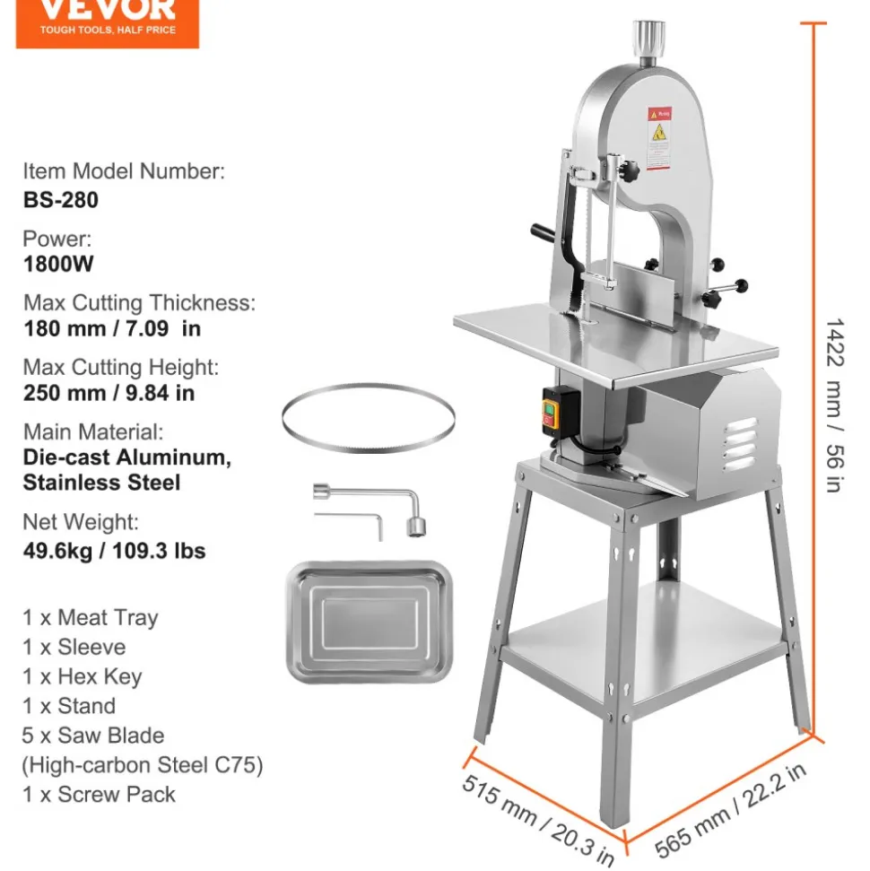 VEVOR Electric Meat Saw, 1800W Stainless Vertical Cutter, 19.1"x15" Workbench, 7.09" Cutting Thickness, Includes 5 Blades for Slicing Frozen Meat, Pork, Beef, and Ribs