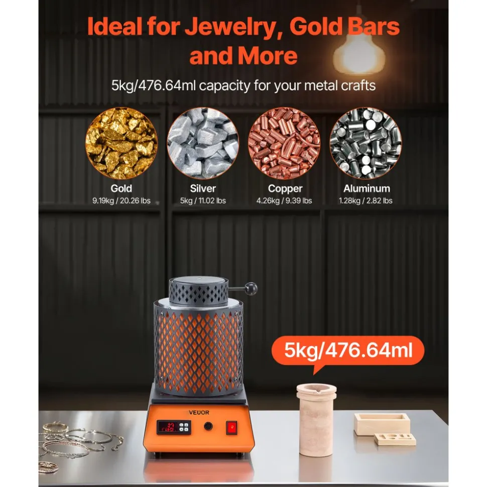 VEVOR Electric Melting Furnace, 1500W Electric Metal Smelter Foundry, 2102℉/1150℃ Metal Smelting Machine with 5kg Ceramic Crucible, Gold Smelting Kit for Jewelry Making, Metal Bars, Metal Components