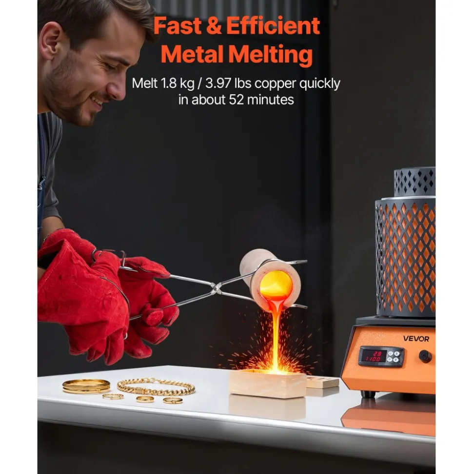 VEVOR Electric Melting Furnace, 1500W Electric Metal Smelter Foundry, 2102℉/1150℃ Metal Smelting Machine with 5kg Ceramic Crucible, Gold Smelting Kit for Jewelry Making, Metal Bars, Metal Components