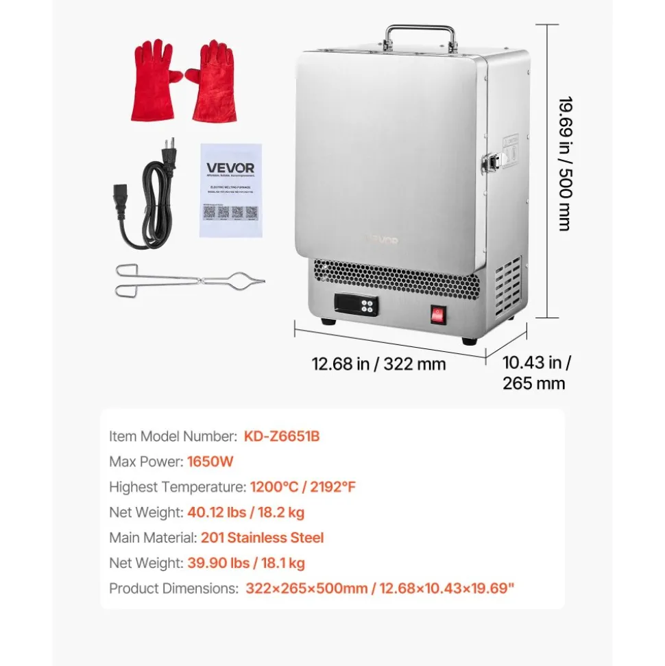 VEVOR Electric Melting Furnace, 1650W Electric Kiln, Digital Melting Furnace with Max Temperature 2192℉/1200℃ for Lost-Wax Casting, Clay DIY, Metal Annealing, Ceramic Firing, PID Temp Control
