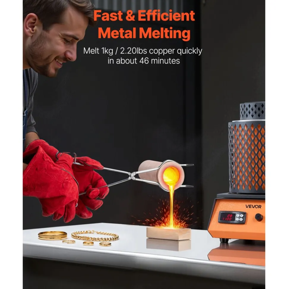 VEVOR Electric Melting Furnace, 1350W Electric Metal Smelter Foundry, 2102℉/1150℃ Metal Smelting Machine with 3kg Ceramic Crucible, Gold Smelting Kit for Jewelry Making, Metal Bars, Metal Components