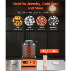 VEVOR Electric Melting Furnace, 1350W Electric Metal Smelter Foundry, 2102℉/1150℃ Metal Smelting Machine with 3kg Ceramic Crucible, Gold Smelting Kit for Jewelry Making, Metal Bars, Metal Components