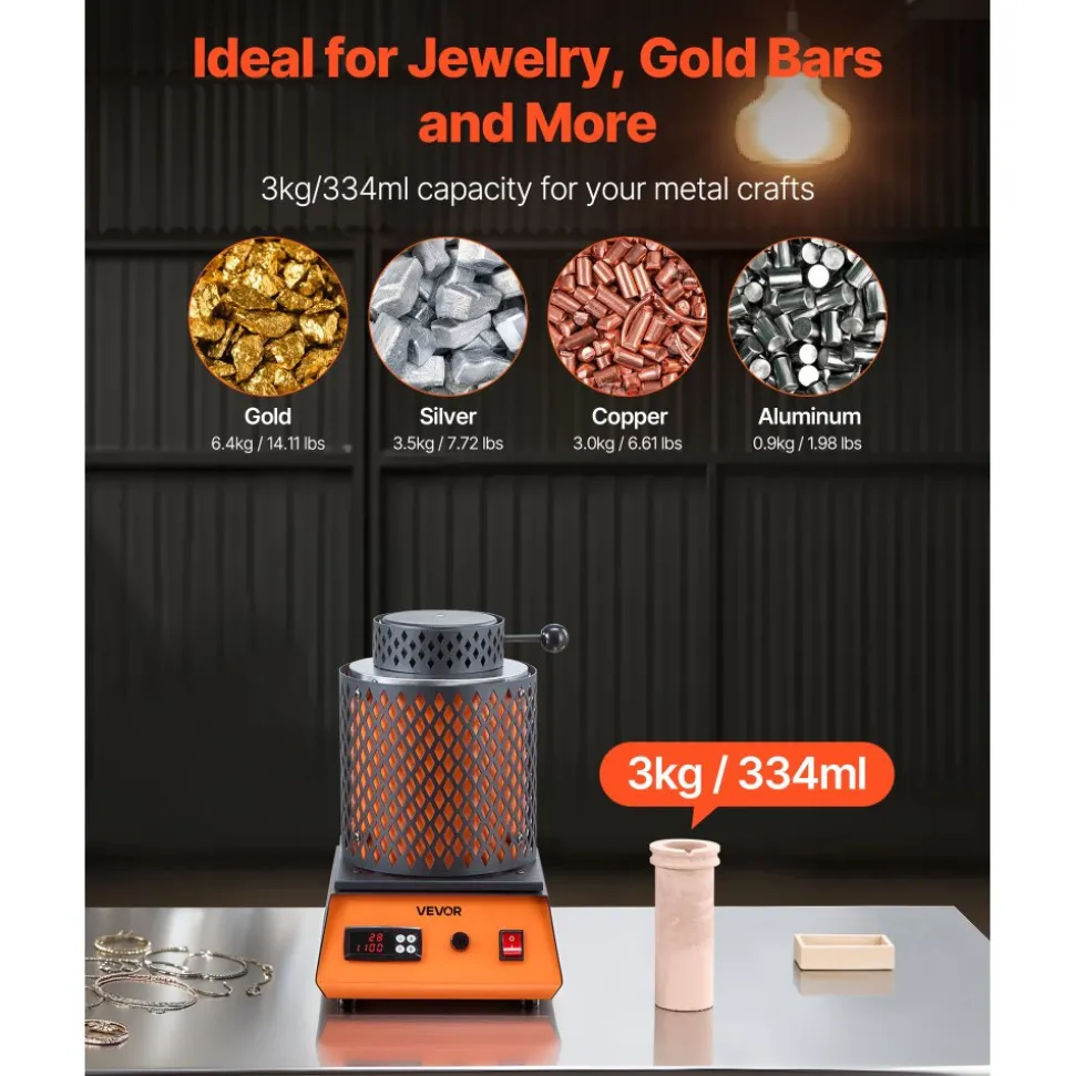 VEVOR Electric Melting Furnace, 1350W Electric Metal Smelter Foundry, 2102℉/1150℃ Metal Smelting Machine with 3kg Ceramic Crucible, Gold Smelting Kit for Jewelry Making, Metal Bars, Metal Components