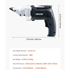 VEVOR Electric Metal Shear, 4.0-Amp Corded Sheet Metal Cutter with 360-Degree Swivel Head, Variable Speed, Continuous Cutting, Clean Cut for 18GA Galvanized Steel, 20 GA Stainless Steel, 2500 SPM