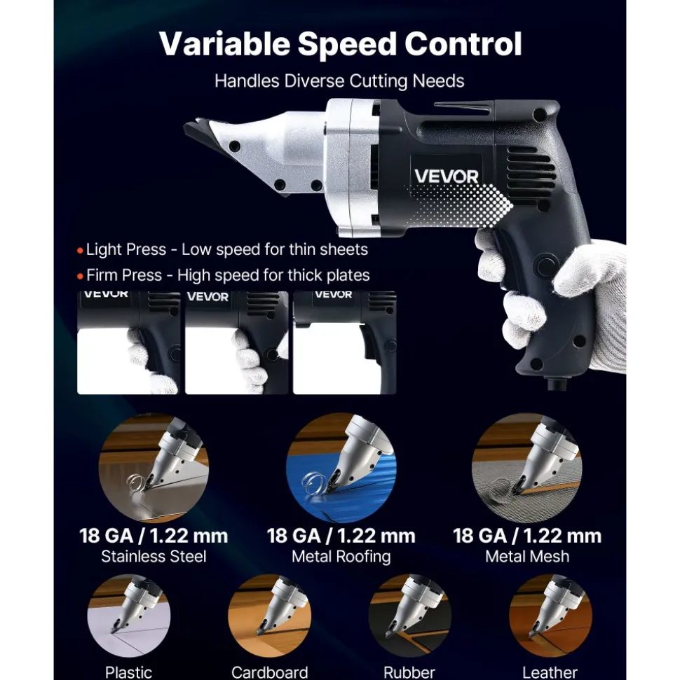 VEVOR Electric Metal Shear, 4.0-Amp Corded Sheet Metal Cutter with 360-Degree Swivel Head, Variable Speed, Continuous Cutting, Clean Cut for 18GA Galvanized Steel, 20 GA Stainless Steel, 2500 SPM