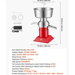 VEVOR Electric Milk Cream Separator, 60L/H Output 10500RPM Milk Cream Centrifugal Separator, 304 Stainless Steel Goat Cow Milk Skimmer Separating Machine with 4.5L Bowl Capacity (40W, 100-240V)