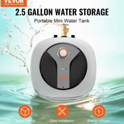 VEVOR Electric Mini-Tank Water Heater 2.5-Gallon Tank, 1440W Hot Water Boiler Storage, Safety Temperature Pressure Valve Easy Install, for Kichen Bathroom Restaurant, Shelf Wall Floor Mounted