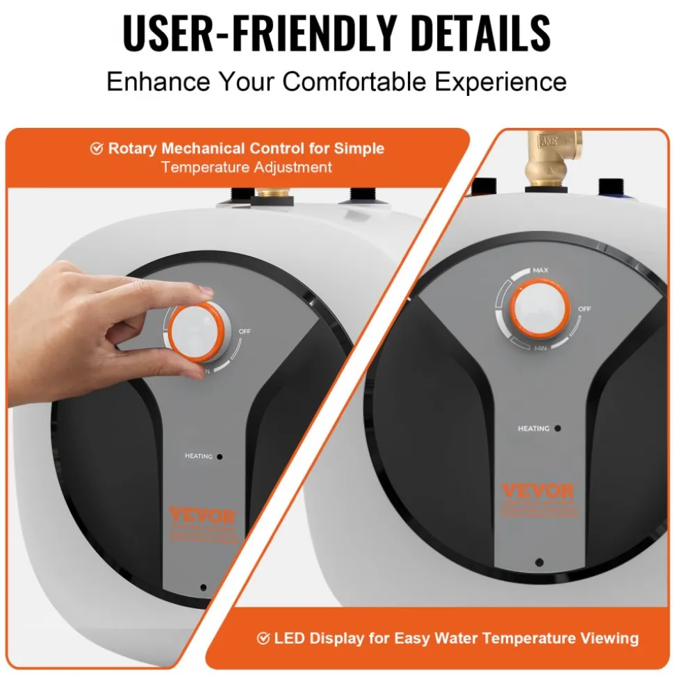 VEVOR Electric Mini-Tank Water Heater 2.5-Gallon Tank, 1440W Hot Water Boiler Storage, Safety Temperature Pressure Valve Easy Install, for Kichen Bathroom Restaurant, Shelf Wall Floor Mounted