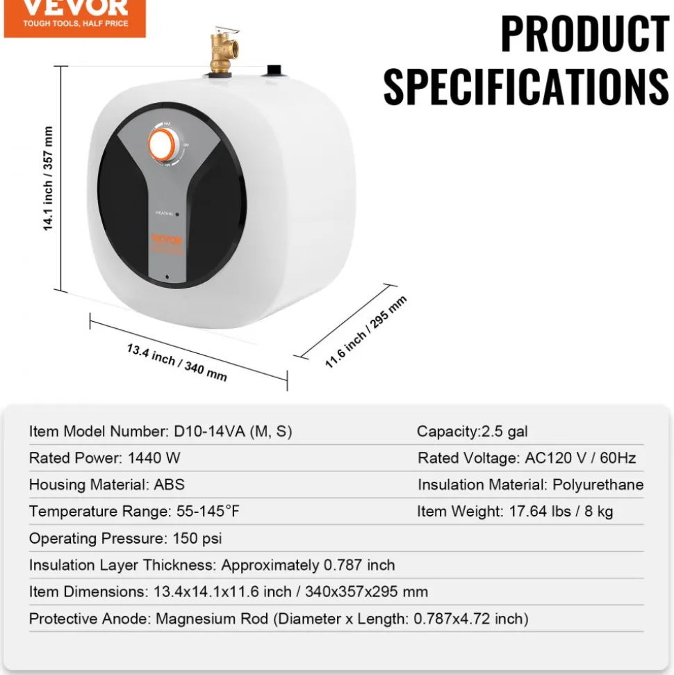 VEVOR Electric Mini-Tank Water Heater 2.5-Gallon Tank, 1440W Hot Water Boiler Storage, Safety Temperature Pressure Valve Easy Install, for Kichen Bathroom Restaurant, Shelf Wall Floor Mounted