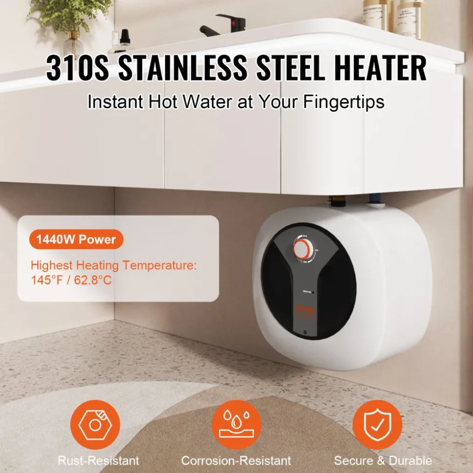 VEVOR Electric Mini-Tank Water Heater 2.5-Gallon Tank, 1440W Hot Water Boiler Storage, Safety Temperature Pressure Valve Easy Install, for Kichen Bathroom Restaurant, Shelf Wall Floor Mounted