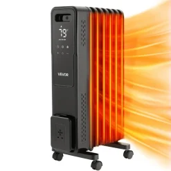 VEVOR Electric Oil Filled Radiator, 1500W Radiant Space Heater with Dual U-shaped Heating Tubes, Over-Heat Protections,3 Heat Settings,24h Timer, Flexible Casters, Remote Control for Indoor,Black