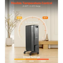 VEVOR Electric Oil Filled Radiator, 1500W Radiant Space Heater with Dual U-shaped Heating Tubes, Over-Heat Protections,3 Heat Settings,24h Timer, Flexible Casters, Remote Control for Indoor,Black