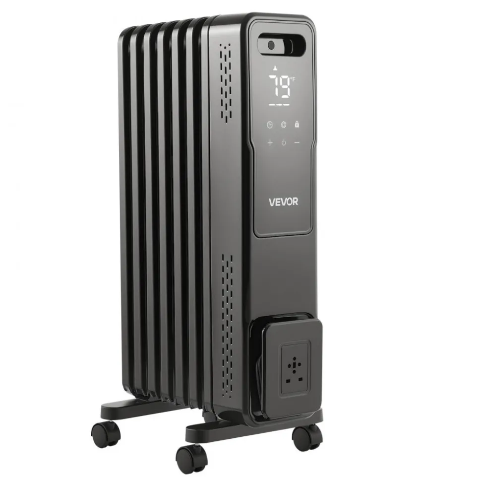 VEVOR Electric Oil Filled Radiator, 1500W Radiant Space Heater with Dual U-shaped Heating Tubes, Over-Heat Protections,3 Heat Settings,24h Timer, Flexible Casters, Remote Control for Indoor,Black