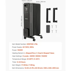 VEVOR Electric Oil Filled Radiator, 1500W Radiant Space Heater with Dual U-shaped Heating Tubes, Over-Heat Protections,3 Heat Settings,24h Timer, Flexible Casters, Remote Control for Indoor,Black