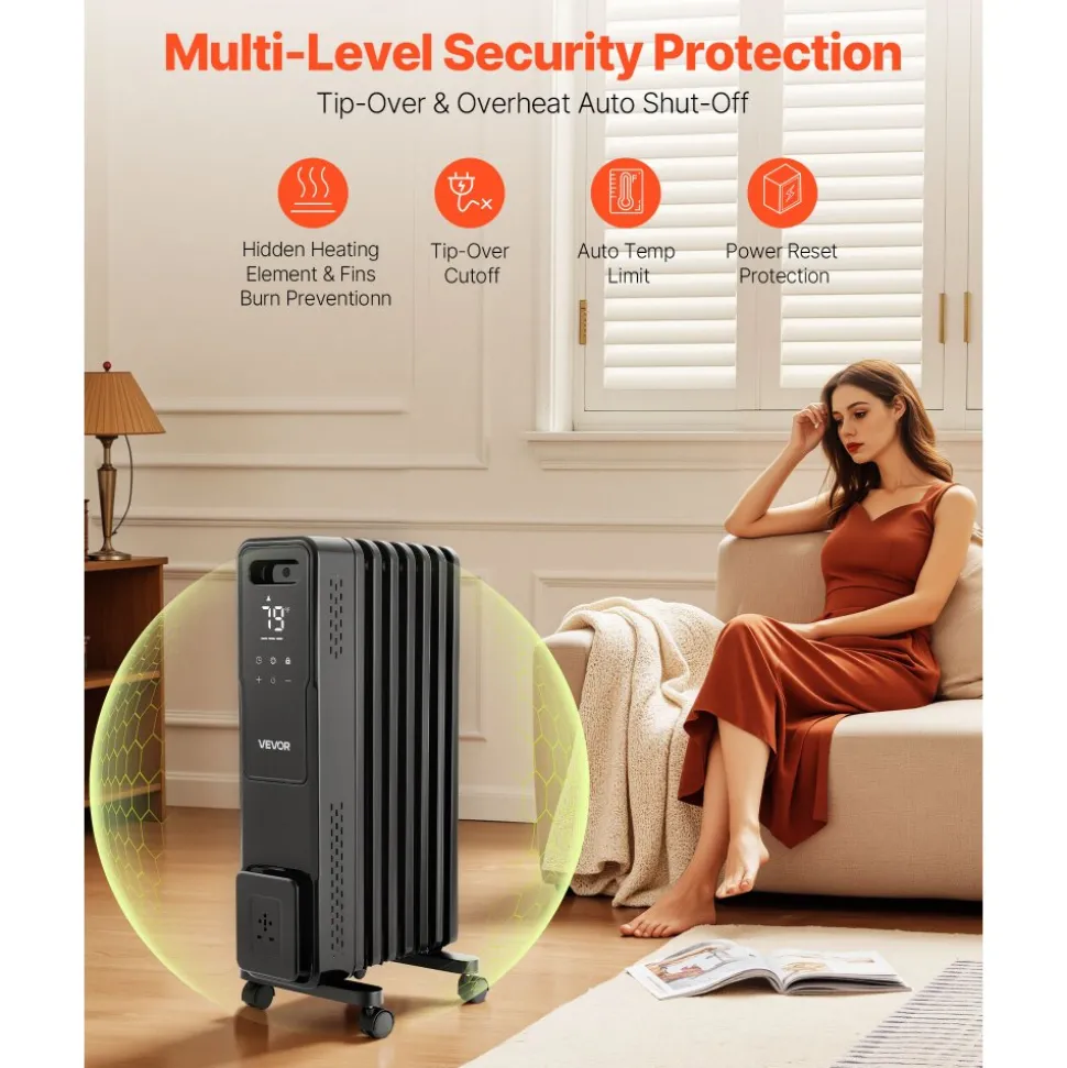 VEVOR Electric Oil Filled Radiator, 1500W Radiant Space Heater with Dual U-shaped Heating Tubes, Over-Heat Protections,3 Heat Settings,24h Timer, Flexible Casters, Remote Control for Indoor,Black