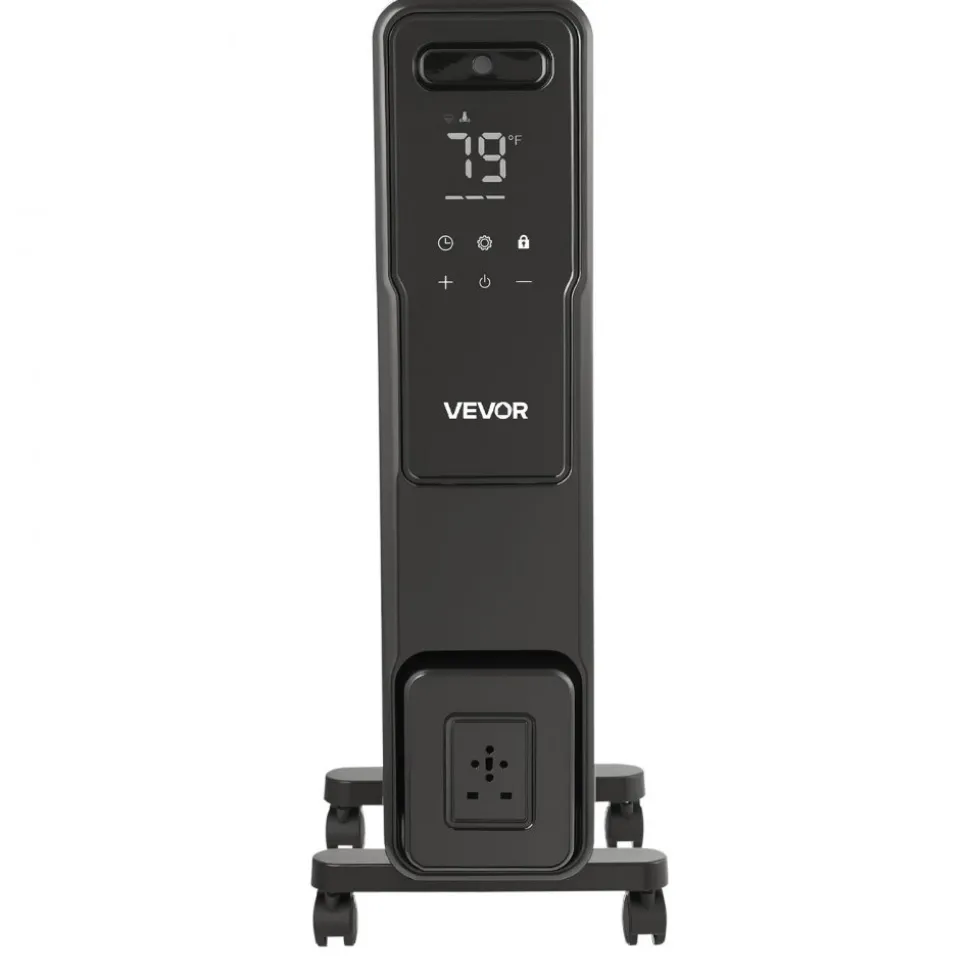 VEVOR Electric Oil Filled Radiator, 1500W Radiant Space Heater with Dual U-shaped Heating Tubes, Over-Heat Protections,3 Heat Settings,24h Timer, Flexible Casters, Remote Control for Indoor,Black