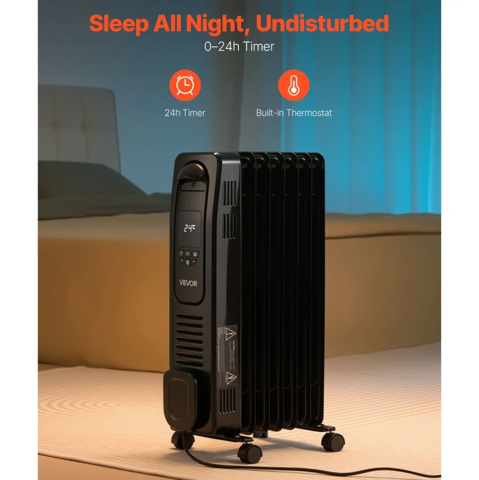 VEVOR Electric Oil Filled Radiator, 1500W Radiant Space Heater with LED Screen, Over-Heat Protections,24h Timer, Portable Handle Casters, Thermostat,Remote Control for Indoor Use,Black