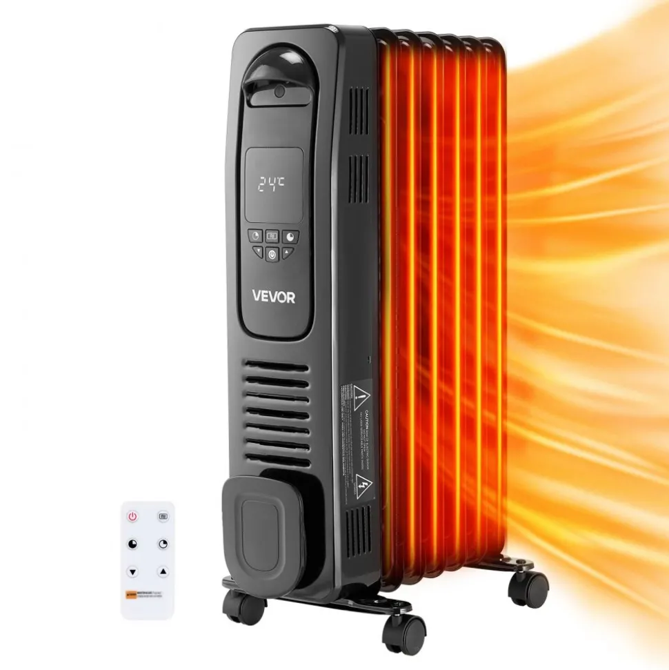 VEVOR Electric Oil Filled Radiator, 1500W Radiant Space Heater with LED Screen, Over-Heat Protections,24h Timer, Portable Handle Casters, Thermostat,Remote Control for Indoor Use,Black